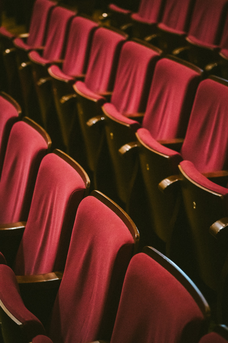 The image shows a close-up view of rows of empty, plush, burgundy-colored theater seats. The focus is shallow, emphasizing the texture and folds of the fabric on the seats in the foreground, while the rows recede into a darker, less defined background. The overall impression is one of quiet anticipation or the stillness after a performance.
